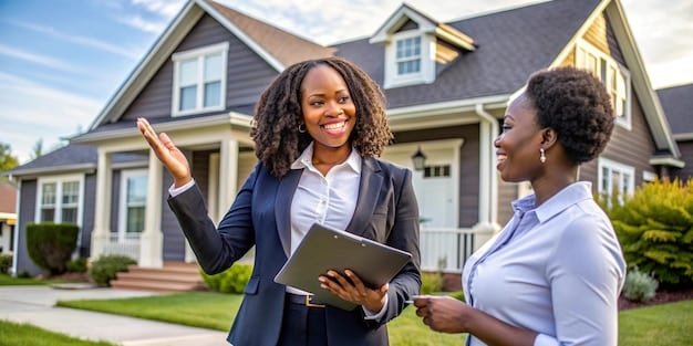 une femme en costume se tient devant une maison qui a un ordinateur portable sur ses genoux