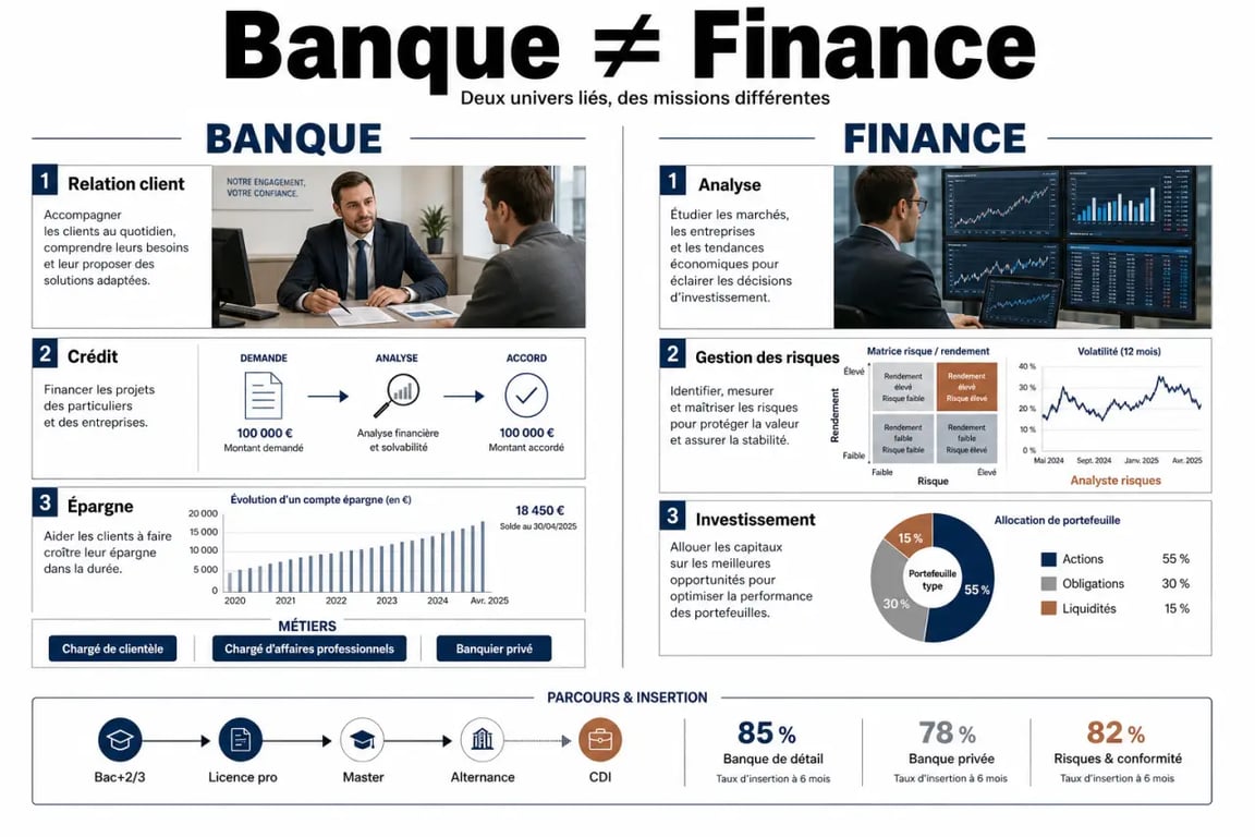 Finance & Banque : comparaison visuelle des métiers, formations et débouchés