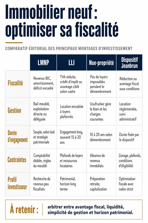 Investir dans le neuf pour optimiser sa fiscalité immobilière : comparaison des dispositifs LMNP, LLI, nue-propriété et Jeanbrun