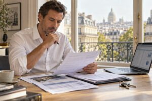Investisseur bailleur examinant un dossier de location et un contrat de garantie loyers impayés, vue Paris