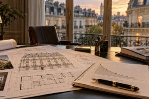 Bureau feutré de conseiller en gestion de patrimoine, plans d'un immeuble haussmannien et graphique de décote de nue-propriété